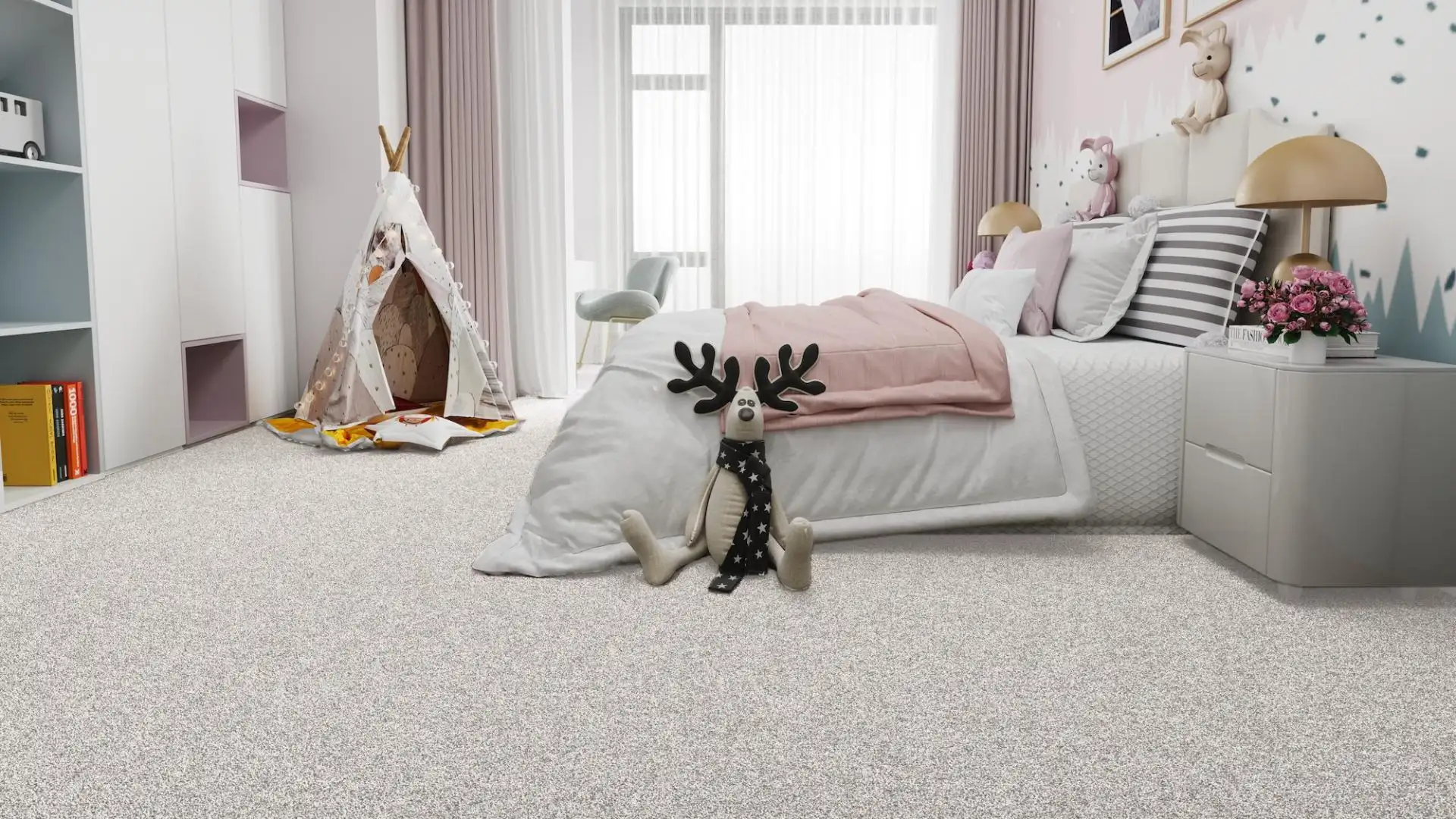 plush cozy off white carpets in a kids' bedroom with pink accents